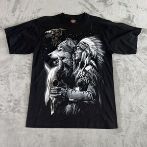 Rock Eagle Shirt Mens Large Black Wolf Tribal Western Graphic Double Sided Tee